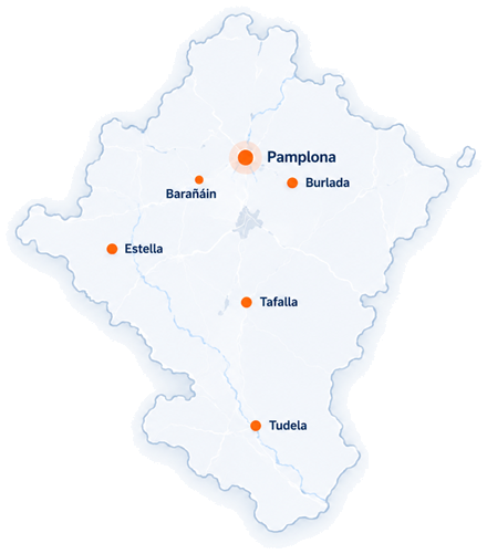 Mapa de Navarra con las localidades donde damos servicio: Pamplona, Barañáin, Burlada, Estella, Tafalla y Tudela